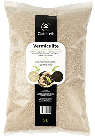 GebEarth - Vermiculite Espansa Fine, substrato ideale per la germinazione, stimola la crescita e lo sviluppo delle giovani piante, aumenta l’umidità e le disponibilità idriche del substrato [5 Litri]