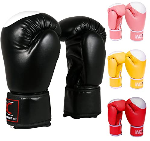 MAXSTRENGTH Gants de boxe, Muay Thai, kickboxing, MMA, sac de combat, entraînement, fitness, sparring, gants rembourrés pour arts martiaux, entraînement pour homme et femme (340,2 g, noir)