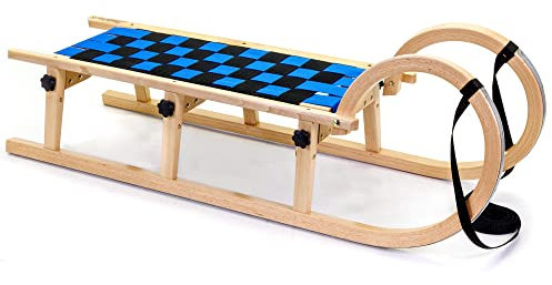 Holzfee Hörnerschlitten Gurtsitz Schlitten Holz Klappschlitten Tourer Baran S 110 BS (Blau-Schwarz)