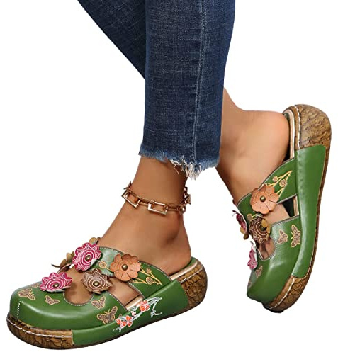 Osheoiso Sandales Chaussures Plateforme Plate Femme Sandales Été Vintage Sabots Chaussures Casual Fille Chaussures De Plage Bout Fermé Pantoufles en Liège C Vert 40 EU