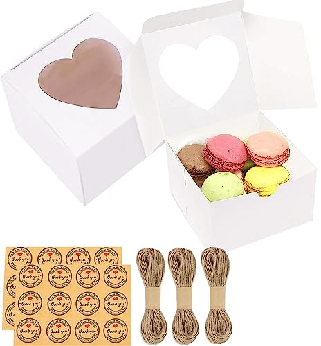 Gbateri 50 Pack 4 Inch Bakery Boxes with Window - Small Cake Boxes 4x4x2.5 inches - Cookie Boxes - Treat Gift Boxes for Pastry Muffins Donuts Dessert Cupcakes Strawberries Candy Party Favor (White)