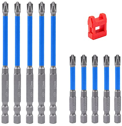 Saipe 10pcs Magnetic FPH2 Impact Screwdriver Bit Set, 65mm & 110mm FPH2 Bits for Electrician, Phillips Slotted Head Bits, 1/4 Inch Hex Shank Cross Slot Screw Driver Drill Bit