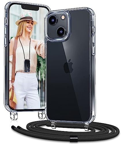 Vaykwo Handykette mit Band für Apple iPhone 14 Hülle und iPhone 13 Hülle - Necklace Handyhülle - Transparente Case zum Umhängen mit Kameraschutz und Bildschirmschutz - Schwarz