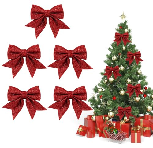 KATELUO 5 Stück Rote Schleifen Weihnachten,Glitzer Schleifen,Glitzer Weihnachtsbaum Schleifen,weihnachtsschleifen Dekoration,für Weihnachten,Party,Baumkranz Dekorationen,Geschenk