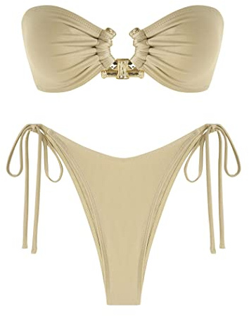 ZAFUL Metal Ring Bandeau Bikini-Set mit Bindebändern, Hochgeschnittenes 2-Teiliges Badeanzug-Set, Cutout-Schwimmbekleidung