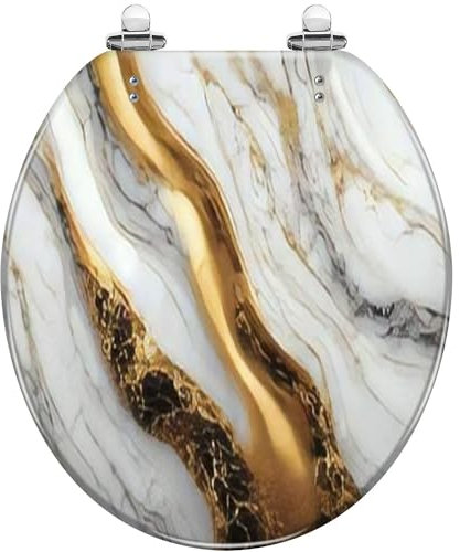 Runder WC-Sitz, abstrakte Luxus-Marmorierung, Marmorierung, goldfarbene Farben, Kunstharz, langsames Schließen, mit Schnellverschluss-Scharnieren, Toilettensitz mit Deckel, leicht zu reinigen