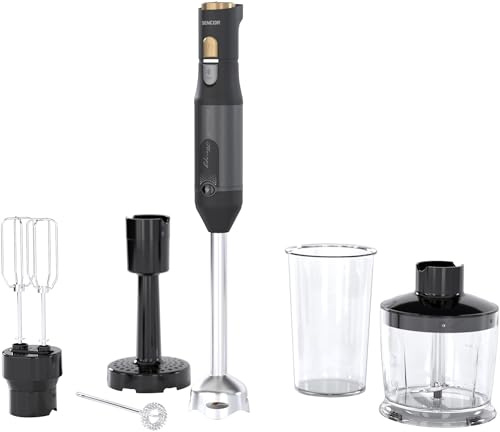Sencor Mixeur Plongeant Multifonction Ultra-Puissant 6 en 1, 1200W, avec Fouet double, Hachoir & Mousseur, Presse-purée, Lames QuadBlade en titane, Contrôle de Vitesse Continu, Design elegant - noir