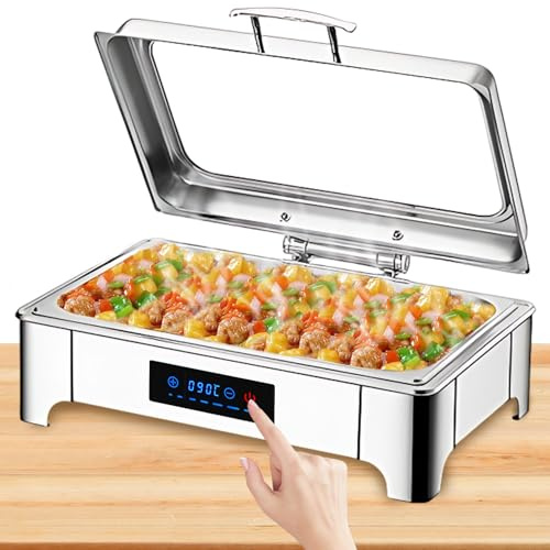 BOVDC Chafing Dish Elettrico, 9L Scaldavivande Elettrico per Buffet Acciaio Inox, Chafing Dish Buffet Elettrico Temperatura Regolabile con Coperchio Visibile(B, Full Pan)