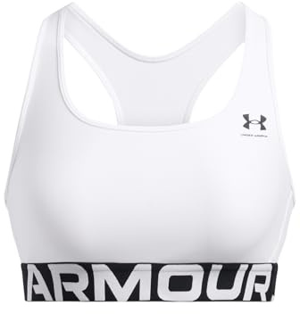 Under Armour HeatGear Soutien Moyen Logo, Soutien-Gorge de Sport Confortable et Respirant, brassière Femme à Maintien modéré avec Bretelles croisées, White/Black, SM