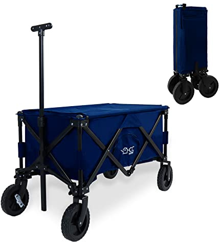 CCLIFE Bollerwagen Faltbar bis 80kg Belastbar Breite All Terrain Reifen Handwagen Klappbar mit Teleskopstange Bremsen Dunkelblau, CushHom