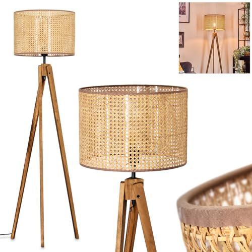 Stehleuchte Barcos, Stehlampe aus Holz/Rattan/Wiener Geflecht in Natur/Beige, Leuchte im skandinavischen Design mit rundem Schirm (Ø 40 cm) u. Fußschalter, Höhe 151 cm, 1 x E27, ohne Leuchtmittel