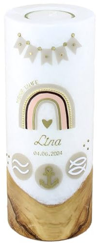 Cerziies® Taufkerze LINA mit echtem Holz Junge oder Mädchen mit Name und Datum, individuell und handverziert 2525