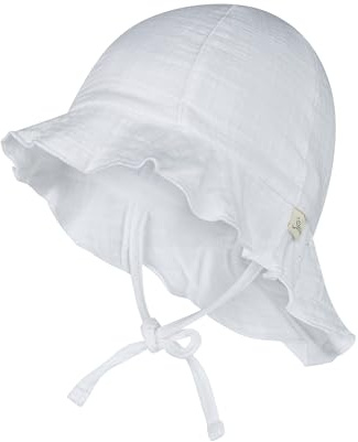Sterntaler Sonnenhut Uni - Sommerhut aus luftigem Baumwoll Musslin - elastisches Gummiband - zum Binden - Unisex Mütze mit Nackenschutz - Baby und Kinder Kopfbedeckung - weiß, Größe 51