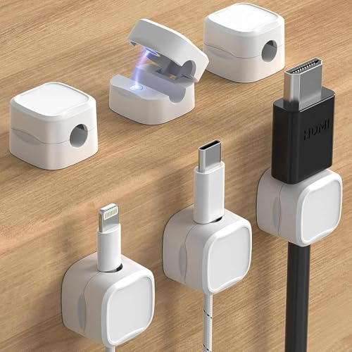 6 Pack Magnetic Cable Clips, Cord Organizer Holder, Under Desk Cable Management, Hide Or Organize Phone USB Charger Cable for Home,Office,Car,Desk,Nightstand (White)