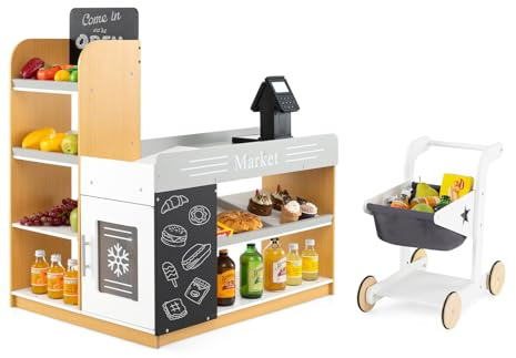 HOMASIS Set di Cassa Supermercato Giocattolo in Legno, Supermercato Giocattolo per Bambini con Carrello Spesa Bambini, Lavagnette, Negozio Giocattolo Educativo Montessori per Bambini da 3+ Anni