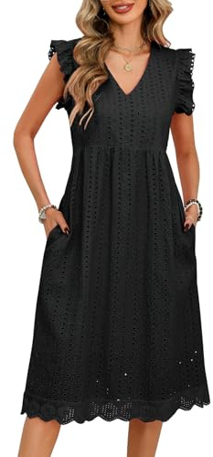 UMIPUBO Robe Ete Femme Midi Col V Robe Boheme avec Poches Manches à Volants Coton Robe De Plage Chic et Elegant Longueur Genou Décontracté Casual