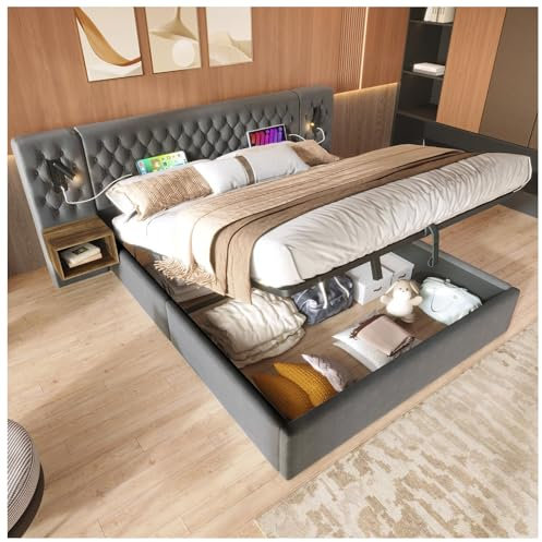 Bettanlage Schlafzimmer Komplett Set,Polsterbett Hydraulisch Stauraumbett Doppelbett 180×200 cm mit 2 Nachttischen, Kopfteil Leselicht mit USB Ladefunktion-261×210×105 cm, Grau, Samt