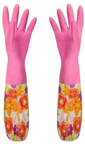 ZYFHYU Blumen-Gummi-Samt-Lange Handschuhe for den Haushalt, rutschfest, for Waschen und Reinigen für Küchenreinigung(Rose Red,General Style)