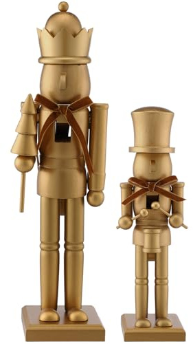 Weysat 2 Pcs Neutral Christmas Nutcracker Figure Gold Wooden Nutcracker Figures with Velvet Bow Christmas Ornament for Xmas Festival Party Gift Shelves Table Desktop Fireplace Decor, 10inch, 15inch