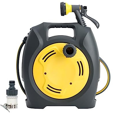Carrello portatile per tubo da giardino con tubo da 10 m e ugello a 7 modelli di avvolgitubo per esterni per tutti i tipi di rubinetto, soluzione di stoccaggio per tubi dell'acqua