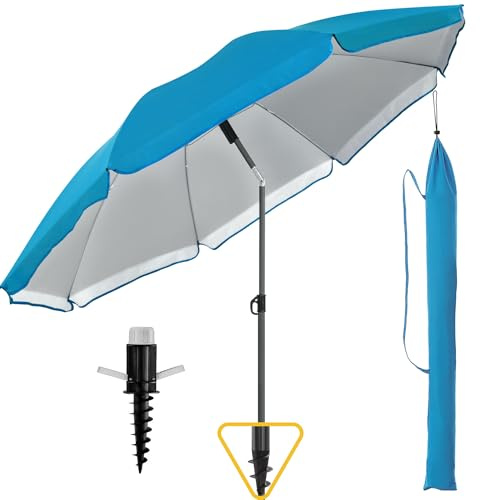 Menz Sonnenschirm Strand 3-IN-1 Set, Tiefblau - Strandschirm windfest stabil Ø 180 cm, praktischer Sonnenschirm Strand mit UV-Schutz 80+, Strandschirm mit Bodenhülse & Schutzhülle