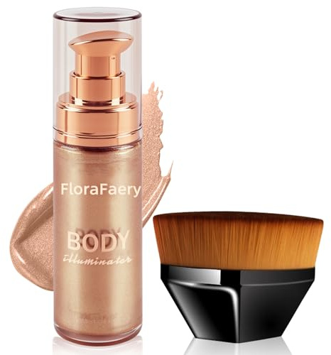 Body Shimmer Oil, Face & Body Glow Oil, Liquid Highlighter Spray, Waterproof Non-Sticky Luminizer, Body Illuminator for Instant Skin Radiance, Moisturizing Glow Lotion with Makeup Brush (Rose Gold)