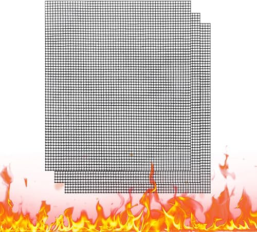 3PCS 40x33cm Non-Stick BBQ Mats for Gas Grill Reusable, Heat-Resistant BBQ Grill Mat Set for Grilling Meat and Veg, Easy-Clean Mesh Sheets, Essential Barbecue Accessories for Outdoor Cooking (Black)