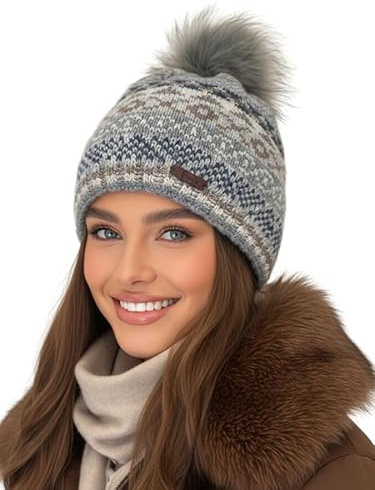 Baesics Bommelmütze Damen Herren - Wintermütze Kunstfell Bommel warm | Mit flauschigem Pompon und weichem Fleecefutter, Größe ca. 54-58 cm, Strick aus der EU. Warm für Herbst, Winter und als