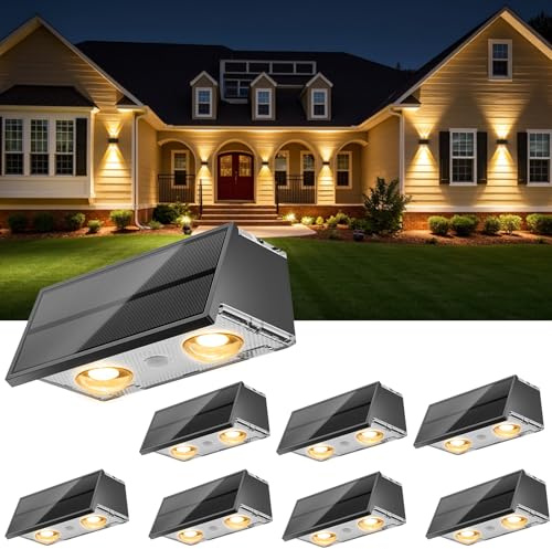 NIORSUN Solar Fence Lights,8 Pack Deck Light,Led Outdoor Lights 3000K/4500K/6000K+ RGB Up & Down Wall Lights Waterproof,Solar Powered Light for Backyard/Pool/Railing/Patio/Porch/Step Black
