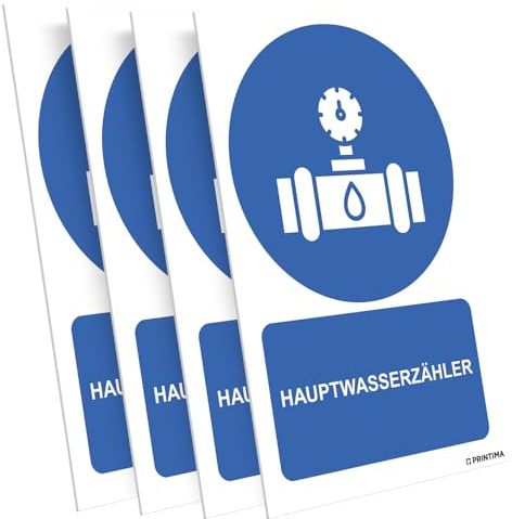 PRINTIMA 4er Set PVC Schild „HAUPTWASSERZÄHLER“ 21x32 cm – Hinweisschild mit Montagematerial – Kennzeichnung für Wasserinstallation, Technikräume und Gebäudeversorgung