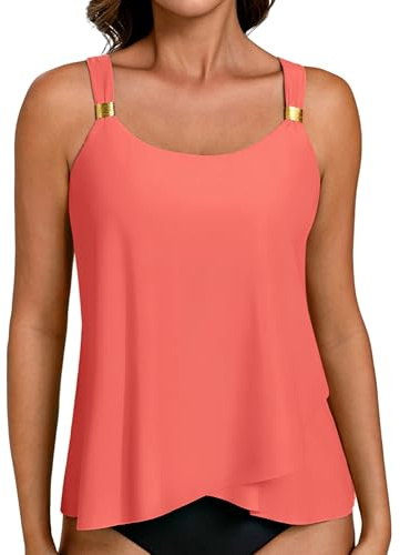 Hanna Nikole Tankini Top for Women,Tummy Control Swimsuit Top Only,Flowing Hem Bathing Suit Top,U Neck Swimming Costume Top with Pad Coral XL