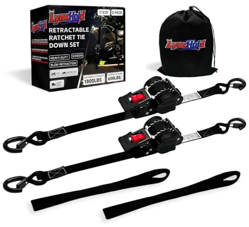Retractable Ratchet Straps (2-Pack) - Heavy Duty Auto Slow Retraction Tie Down Straps - 1 Inch x 13 Feet (1,800lb Break Strength) for Truck, Cargo Trailer, Motorcycle, ATV, UTV - Black