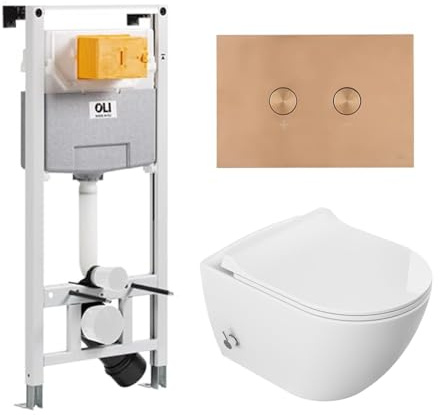 Set WC sospeso da parete - Ciotola per WC ristretta con miscelatore caldo/freddo integrato, sedile morbido e sottile, telaio pneumatico e pulsante di scarico in rame