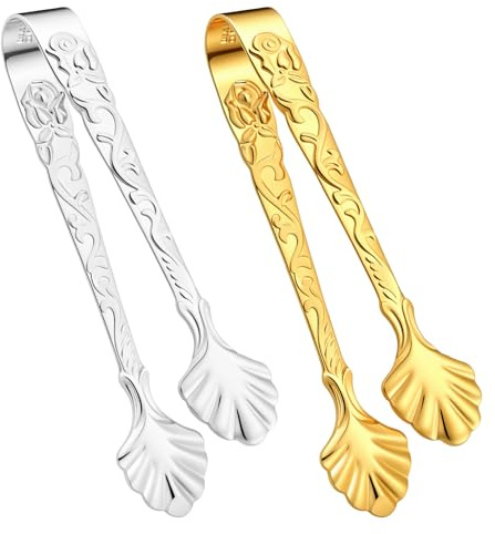 Xinjoduz 2 PCS Stainless Steel Small Rose Design Sugar Cube Tongs | 3.54 Inch U-shaped Mini Serving Ice Tongs for Kitchen Tea Party Coffee Bar Appetizers Desserts Gold, Silver