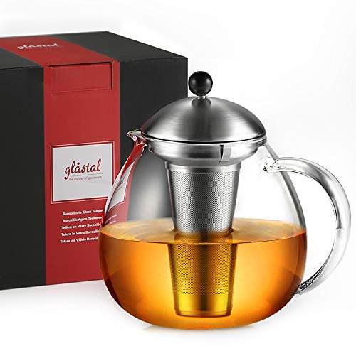glastal Glas Silberne Teekanne 1500ml mit 18/8 Edelstahl Teesieb Borosilicate Glas Teebereiter Glaskanne Geeignet für Teewarmer