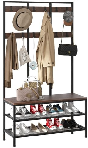 Dripex Large Coat Rack Stand Industrial Coat Stand with Hooks and Shoe Bench Clothes Hat Rack Shelf Metal Frame for Bedroom Living Room Hallway (with 12 Hooks)
