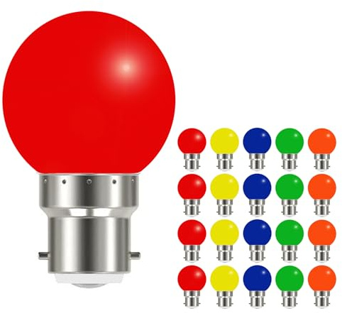 MAYCOLOR Bombilla de Colores B22 3W Equivalente a 30W, 240Lm, Luces de Hada, Guirnaldas de Luces Exterior para Jardín, Café, Cobertizos, Bodas, Pérgolas, Patio, Terraza, No Regulable, 20 Unidades