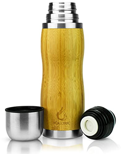 Bouteille isotherme 350 ml - Bambou: Bouteille de thé de qualité supérieure en acier inoxydable avec housse en bambou - Gourde avec couvercle utilisable comme tasse à thé - Sans BPA - 12 h chaud