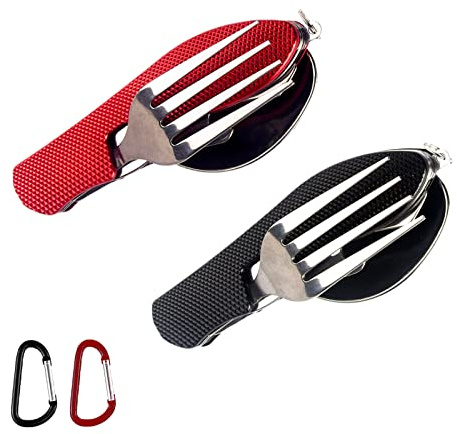 Bogoro Couverts Pliants Camping Voyage,2 Couverts de Camping de Poche,Pliant Coutellerie en Acier Inoxydable,pour Voyage, Camping, Pique-Nique(Rouge,Noir)