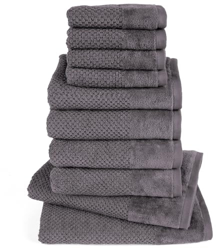 Pure Label Handtuch Set 10tlg 2xDusch 4xHand 4xGäste Anthrazit | 100% Baumwolle, weich & saugstark - Waschbar bis 60∘C, trocknergeeignet