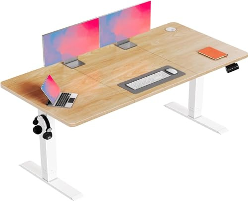Flamaker Höhenverstellbarer Schreibtisch, Elektrischer Schreibtisch Höhenverstellbar für Steh-Sitz, Computertisch mit Memory-Funktion, Stabiler Tisch Standing Desk, Bürotisch,140 x 60 cm,Beige