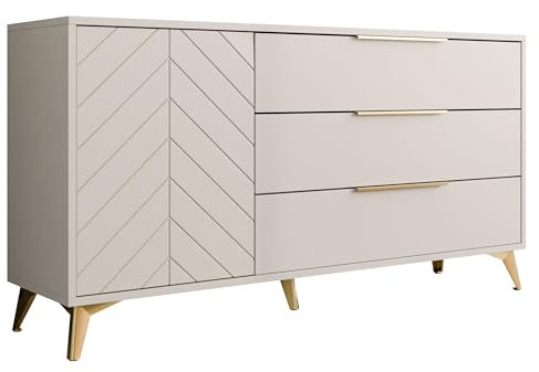 Mirjan24 Kommode Xylix 1D3SZ mit 3 Schubladen und Tür, geriffelte Fronten, goldene Griffe und Füße, Highboard, Anrichte, Sideboard, Mehrzweckschrank, Wohnzimmerschrank (Sandbeige)