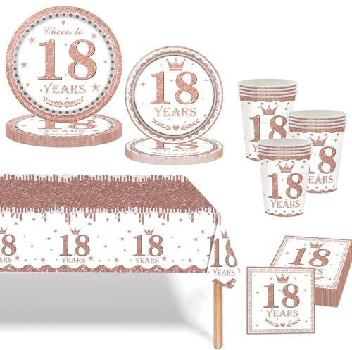 Rose Gold 18th Birthday Tableware Set, 69pcs Dinnerware Rose Gold Party Paper Plates, Cups, Napkins and Tablecloth for 18 Years Old Girls' Birthday Gifts and Table Decor