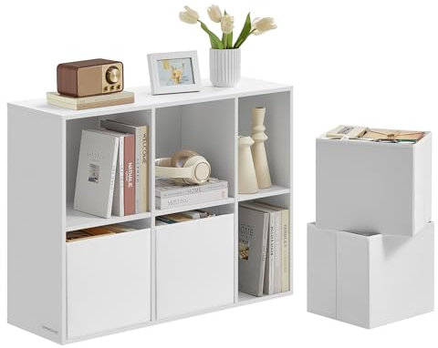 SONGMICS HOME Bücherregal, Toolless-Technologie, superschnelle werkzeuglose Montage, Regal 6 Fächer, Standregal, 4 Stoff-Schubladen, Regalsystem, 27 x 83 x 61,6 cm, schneeweiß LBC196W01