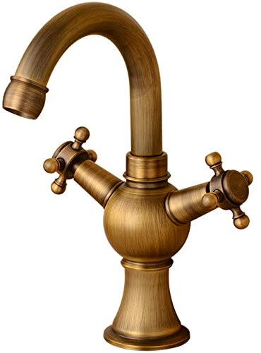 Antike Messing Waschbecken Wasserhahn mit Doppelgriffen Heiß- und Kaltwasserhahn für Küche und Bad Antiker Stil Kompatibel mit Badezimmer Antik B Vintage Look und Design EAS