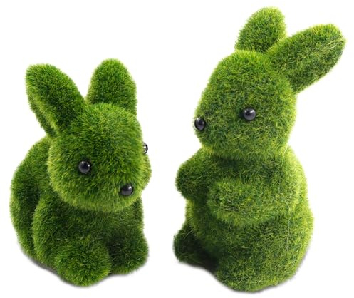 2 Pezzi Green Coniglietto Pasquale, Coniglio Pasqua Floccato Resina Statua Decor, Pasqua Statuetta Coniglietto Pasquale, Decorazioni pasquali in Coniglietto di Muschio Verde, per balcone, giardino