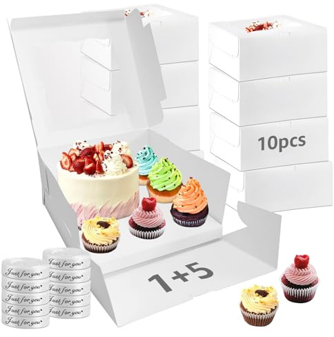 LLOERE 10 Pack Bento Cakes and Cupcake Boxes with Transparent Windows 5-in-1 Suitable for 5 Cupcakes and 1 Small Cake, Used as Baking Supplies for Birthdays, Weddings, Holidays and Parties