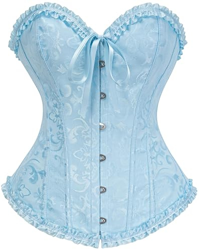 Vrapo Overbust Corset Top for Women - Cabana Blue - Size S | Plastic boned corset with front busk closure, lace-up back & modesty panel for Halloween, Gothic & Renaissance costumes