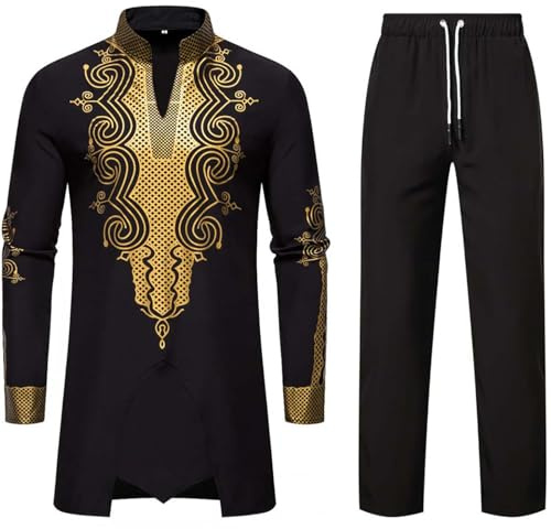 RLEHJN Men's African Two Piece Set Ethnic Style Floral Printed Dashiki and Pants Slim Fit V Neck Long Sleeve Tops & Trousers Outfit Traditional Suit Stand Collar Pullover Lounge Wear