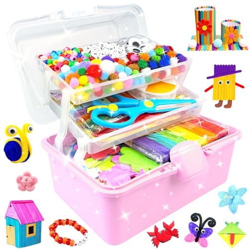 BNUZEIYI 3000Pcs Kit Lavoretti Creativi per Bambini Scatola Lavoretti Bambini a 3 Strati con Scovolini Colorati DIY Art Craft Fai da Te Giocattoli Regalo per Ragazze e Ragazzi 4-6, 6-8, 8-12, Rosa